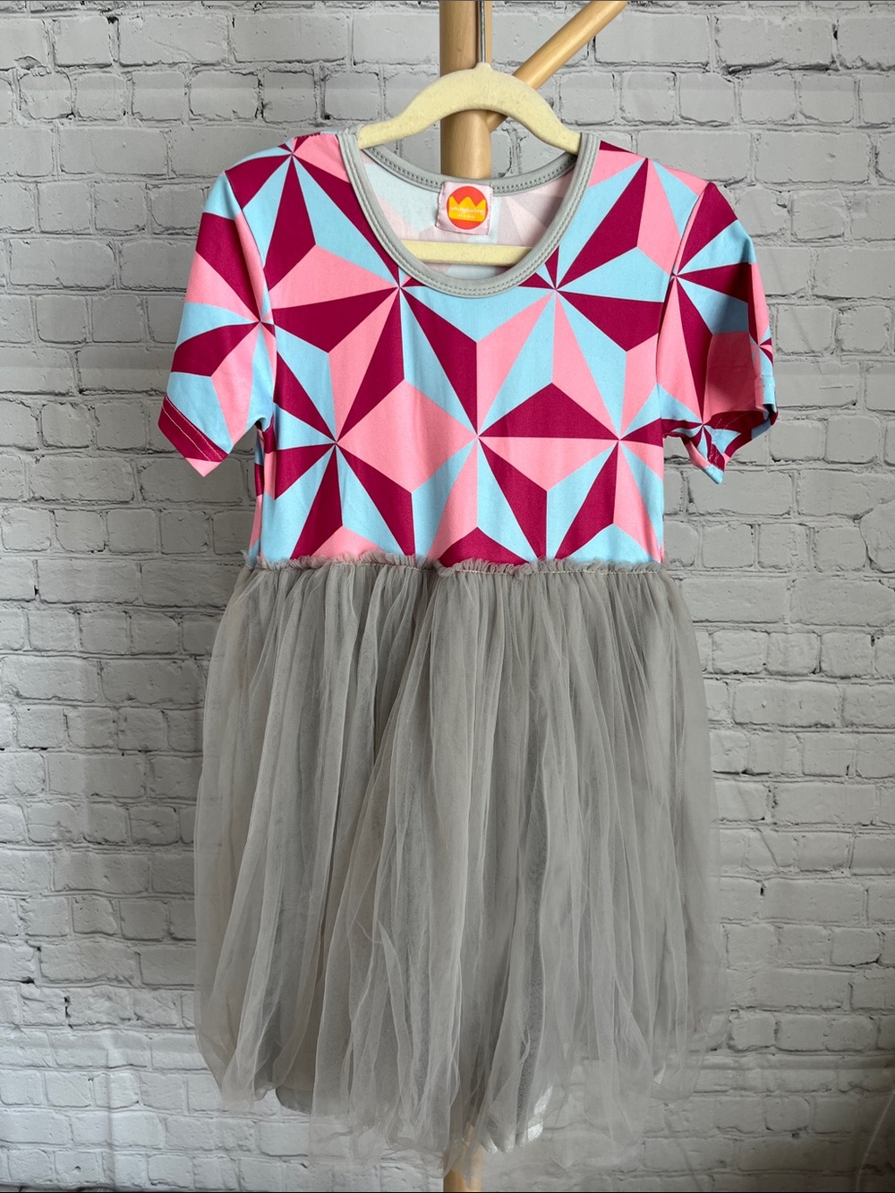 Whity Darling Geometric Pink and Blue Dress with Tulle Skirt 7-8